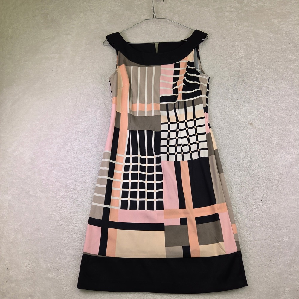 Connected Apparel Geometric Colorblock Boat Neck Sheath Dress Pink Black Size 6